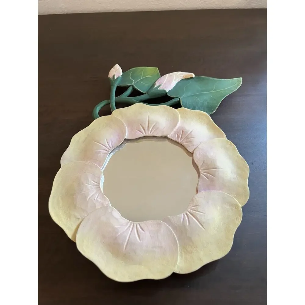 VTG Cottagecore Wooden Floral Wall Mirror Pink/Yellow/Green Frame Wall Mounted